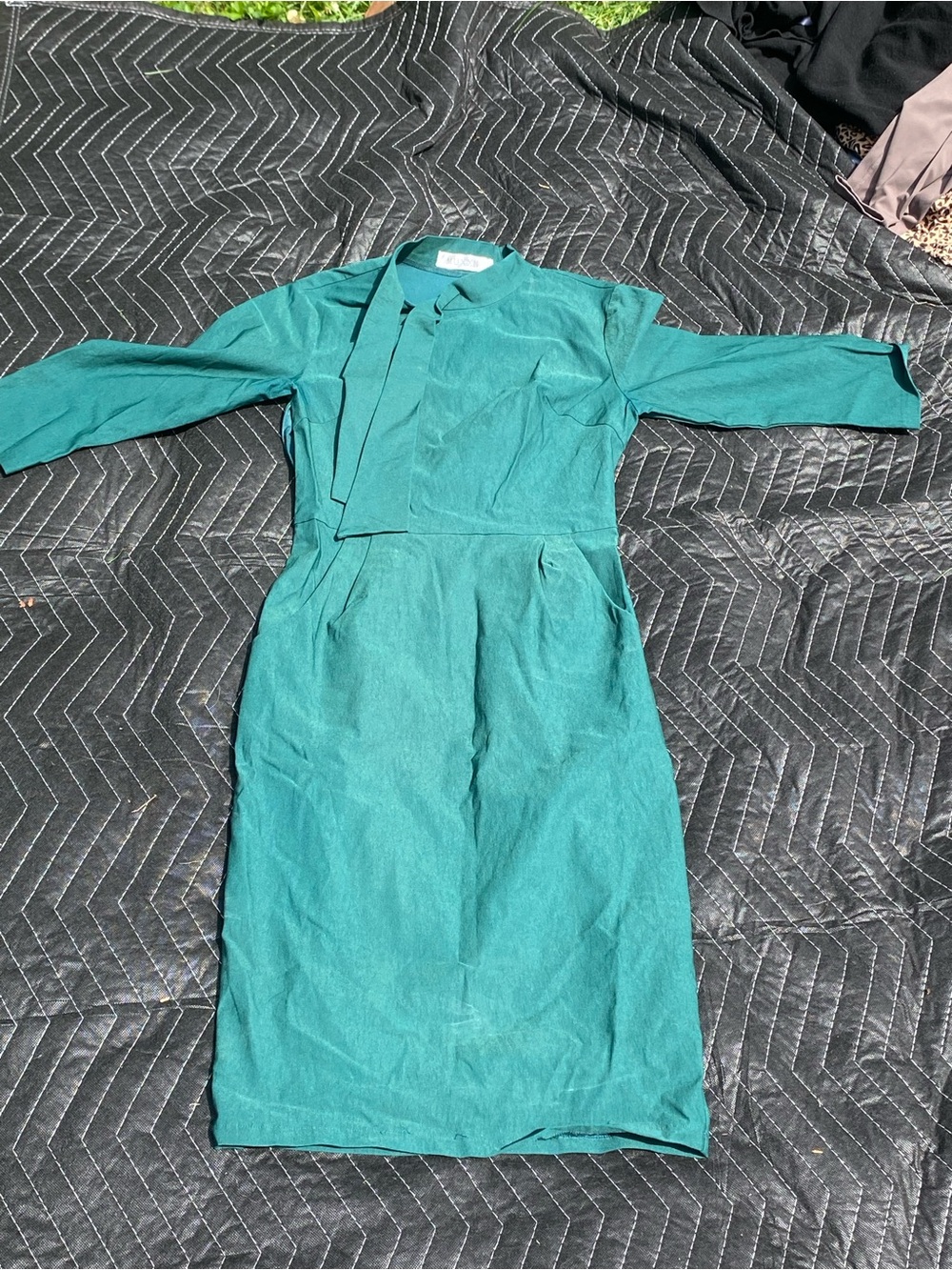 Long Sleeve Teal Sheath Dress with Neck Tie